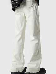 Men's white 100% cotton flare jeans with raw hem detail.