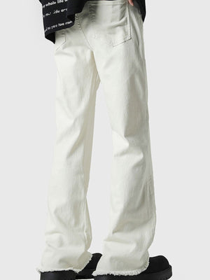 Men's white 100% cotton flare jeans with raw hem detail.