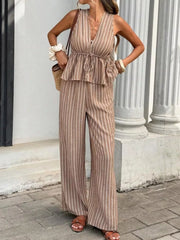 Chic striped two-piece set with tie front top and wide leg pants in camel.