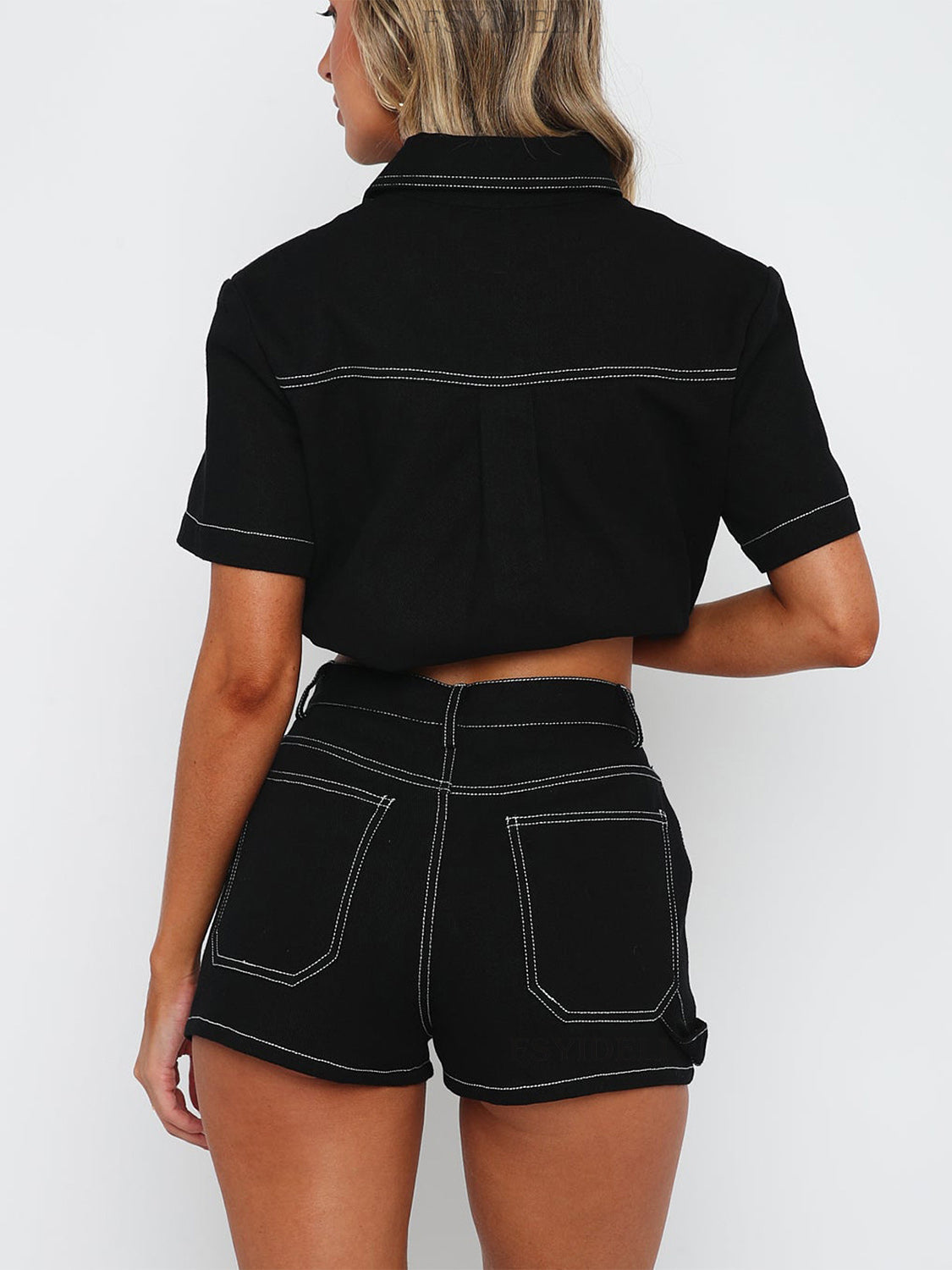 Black contrast stitch utility set with buttoned shirt and shorts