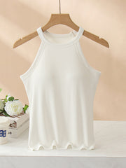 White ribbed halter tank top with built-in bra and lettuce hem