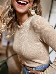 Sculpted Ribbed Knit Top With Ruffled Neckline