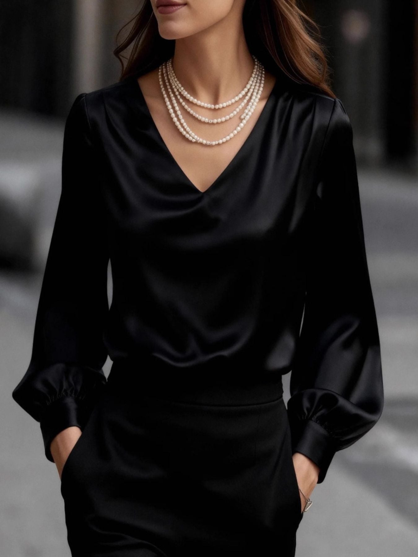 Black Luxe Satin V-neck Long Sleeve Shirt with gathered cuffs