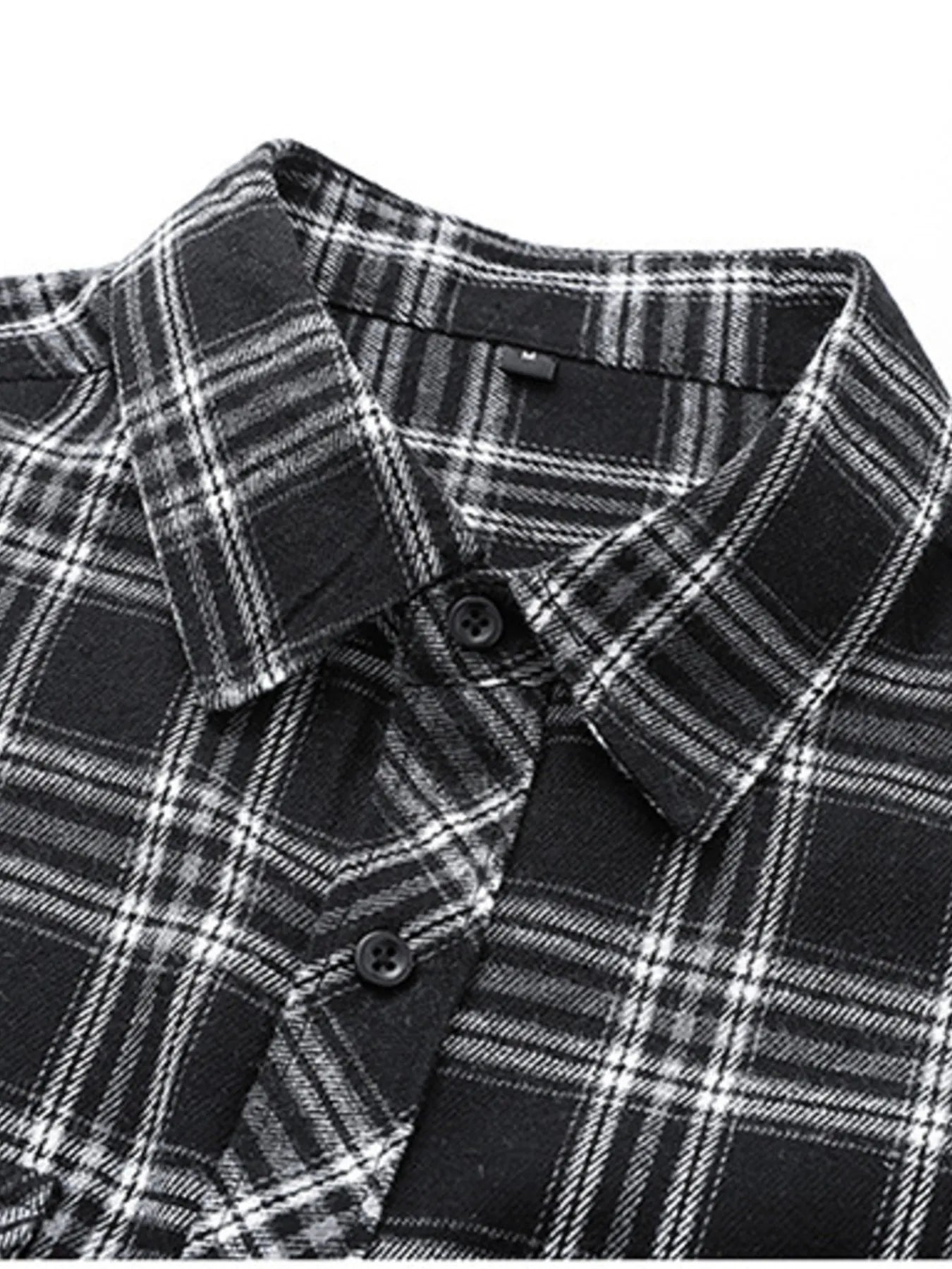 Men's black plaid button-up shirt, cotton blend, classic fit.