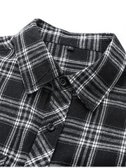 Men's black plaid button-up shirt, cotton blend, classic fit.
