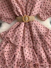 Pink polka dot tiered chiffon dress with woven belt detail