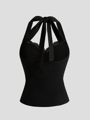 Black lace halter neck cami top with ruched front and tie back.