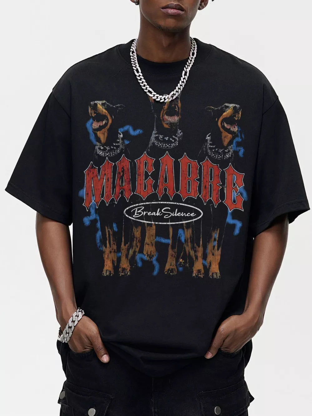Black cotton blend t-shirt with graphic Rottweilers and "MACABRE Break Silence" text.