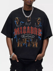 Black cotton blend t-shirt with graphic Rottweilers and "MACABRE Break Silence" text.