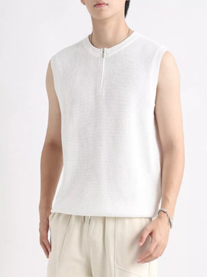 White textured knit quarter-zip men's tank top with a mock neck.