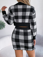 Cropped knit co-ord set in black and white checkered pattern, acrylic material.