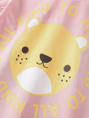 Toddler pink cotton t-shirt with cheerful bear graphic and yellow text.