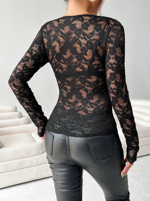Black lace bodysuit with long sleeves and floral pattern.