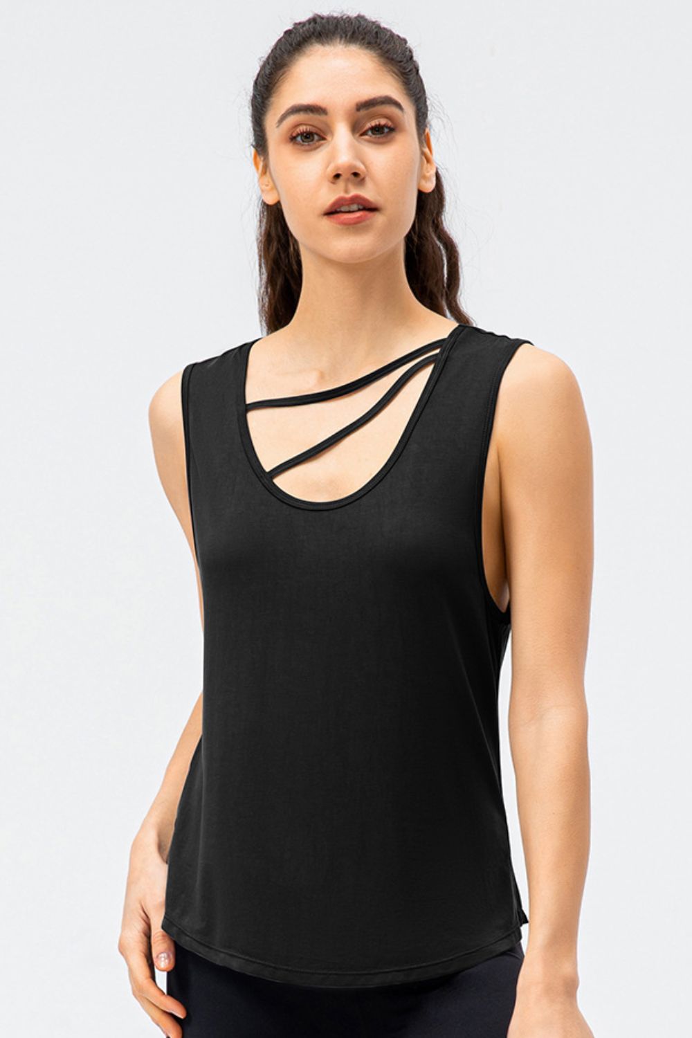 Black performance tank top with strappy neckline detail