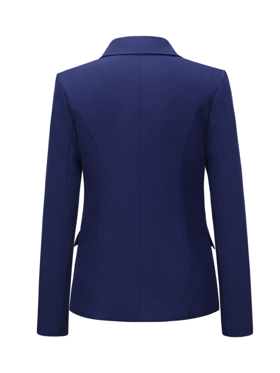 Navy double-breasted blazer with notch collar and gold buttons, shown from the back.