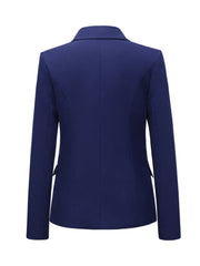 Navy double-breasted blazer with notch collar and gold buttons, shown from the back.