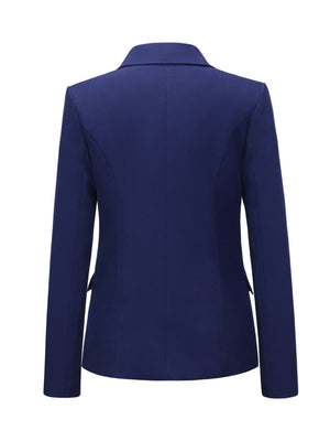 Navy double-breasted blazer with notch collar and gold buttons, shown from the back.