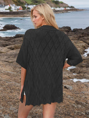 Black diamond knit collared cardigan shirt with short sleeves and scalloped hem.