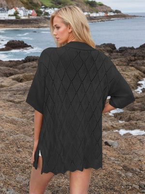 Black diamond knit collared cardigan shirt with short sleeves and scalloped hem.