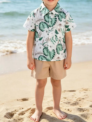 Baby tropical print shirt and shorts set in cotton with green leaf pattern
