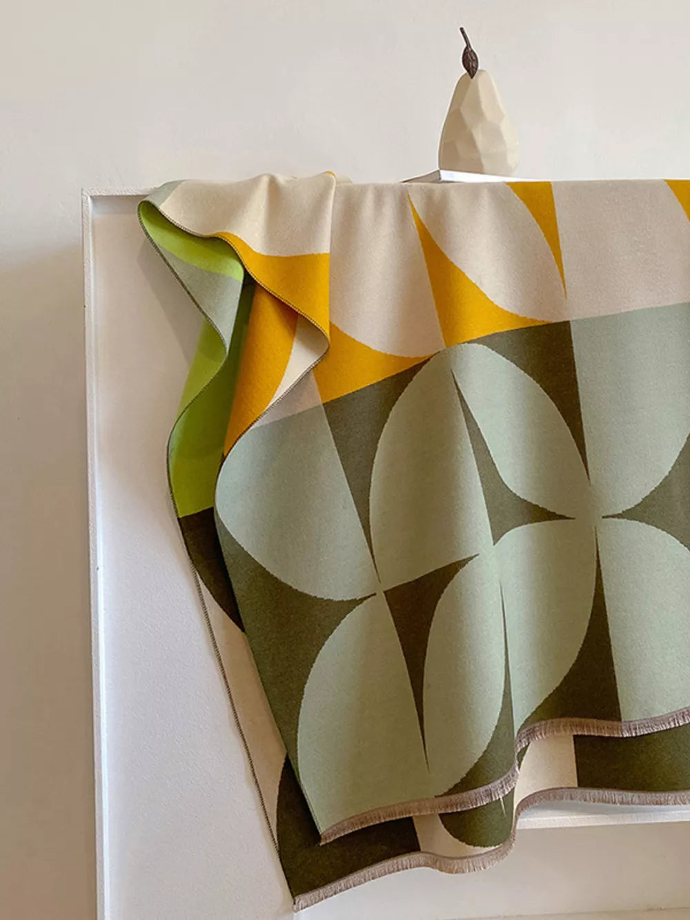 Geometric patterned soft scarf in sage and yellow with fringes