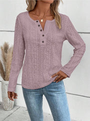 Lilac textured henley long sleeve top with button detail and open knit pattern.