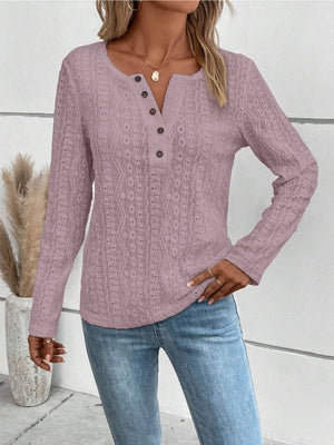 Lilac textured henley long sleeve top with button detail and open knit pattern.