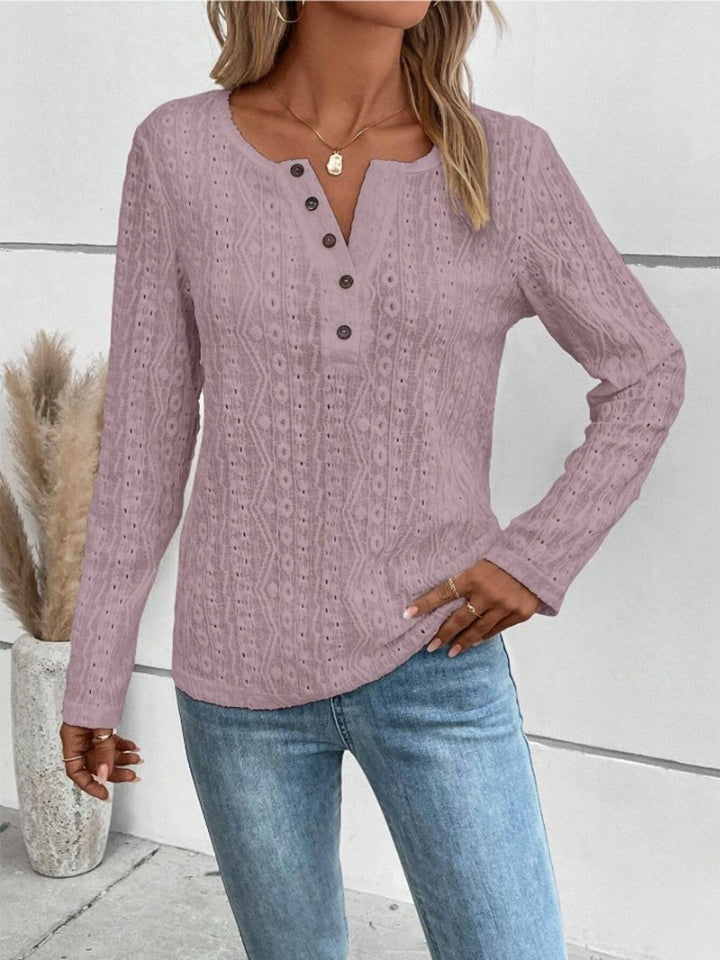 Lilac textured henley long sleeve top with button detail and open knit pattern.