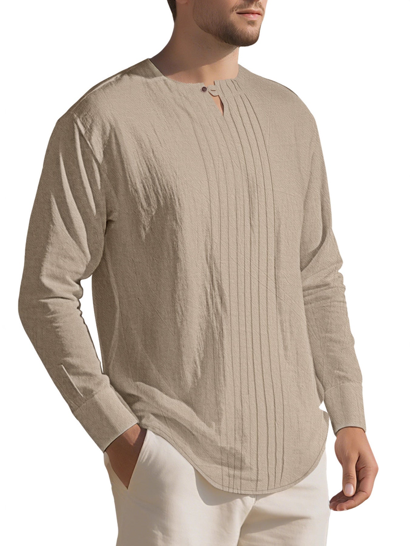 Men's Casual Pleated Long Sleeve Shirt Plus Size, back view