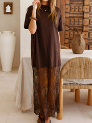 Dark brown t-shirt maxi dress with sheer floral lace skirt