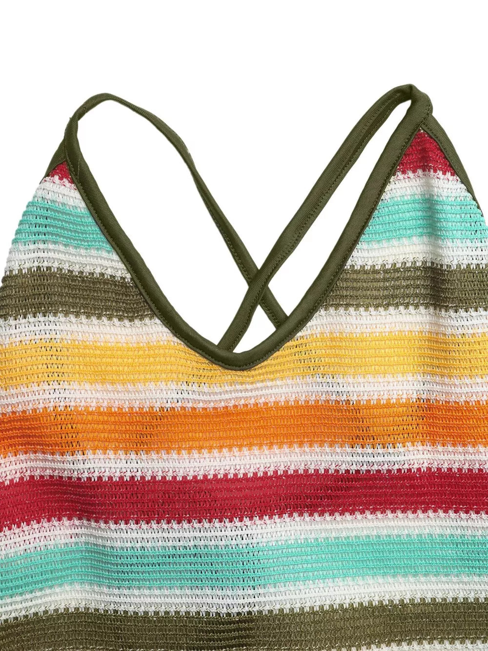 Vibrant striped bodycon midi dress with crisscross straps and crochet knit texture.