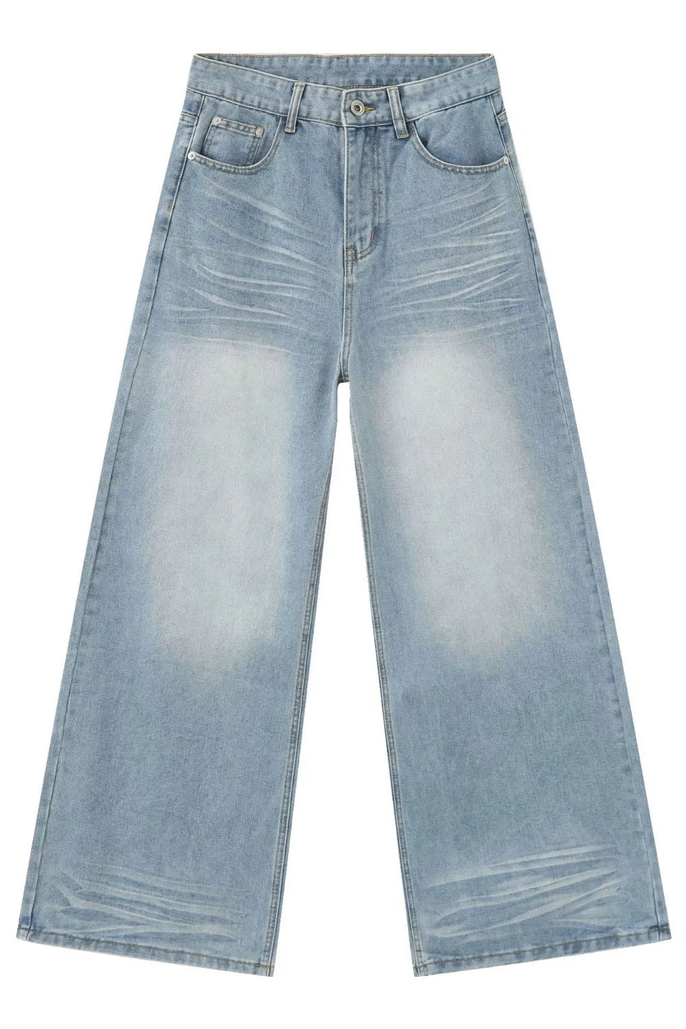 Baggy light blue denim palazzo jeans with a faded wash and wide leg.