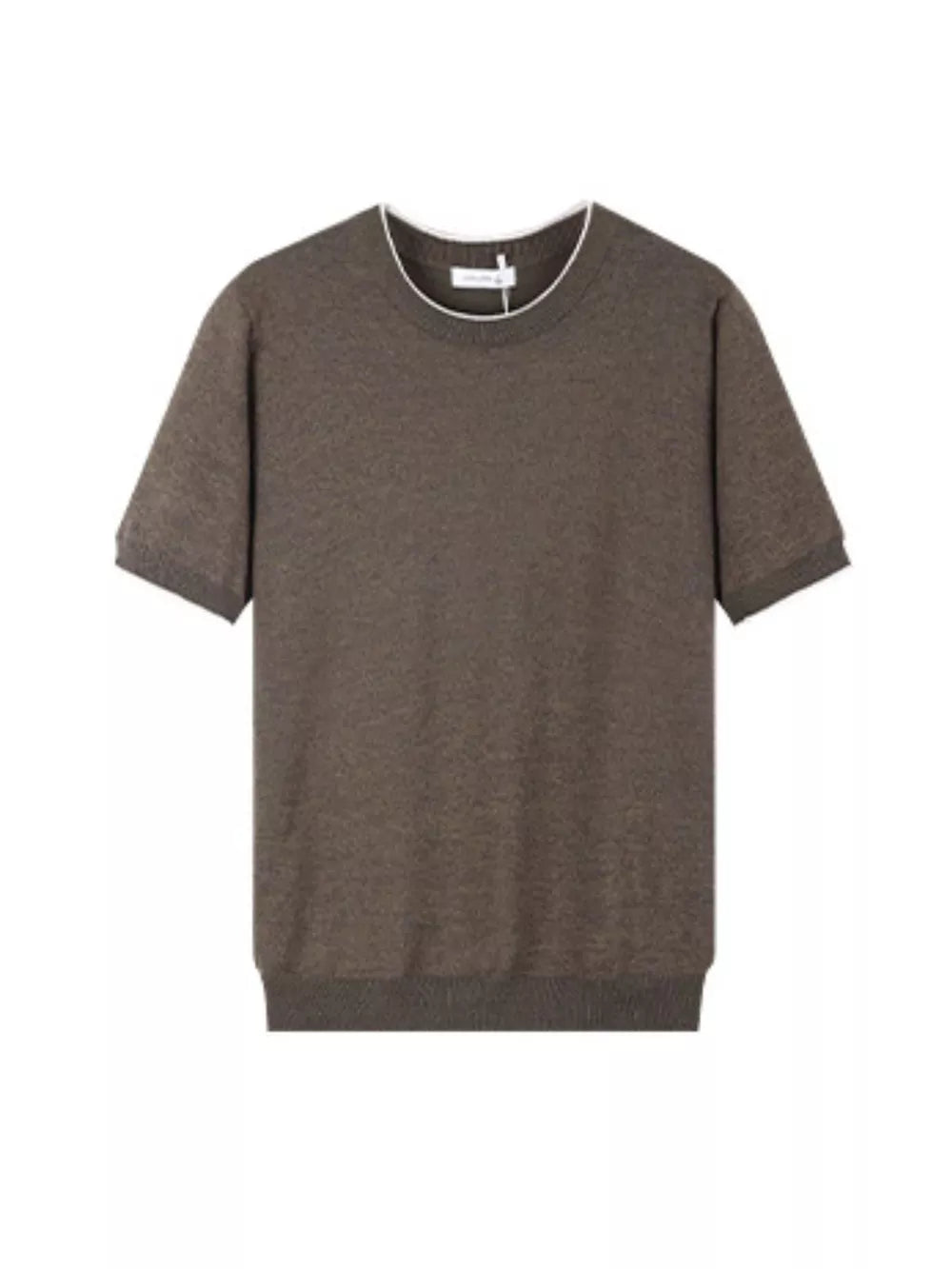 Men's coffee brown crew neck t-shirt with white contrast trim