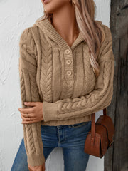 Camel cable knit hooded henley sweater with button placket and braided sleeves.