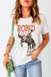 White graphic tee with rodeo cowboy print and "RODEO RIDE 'EM COWBOY" text.