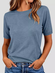 Classic Crew Neck Short Sleeve Knit Top in Dark Brown, view 16