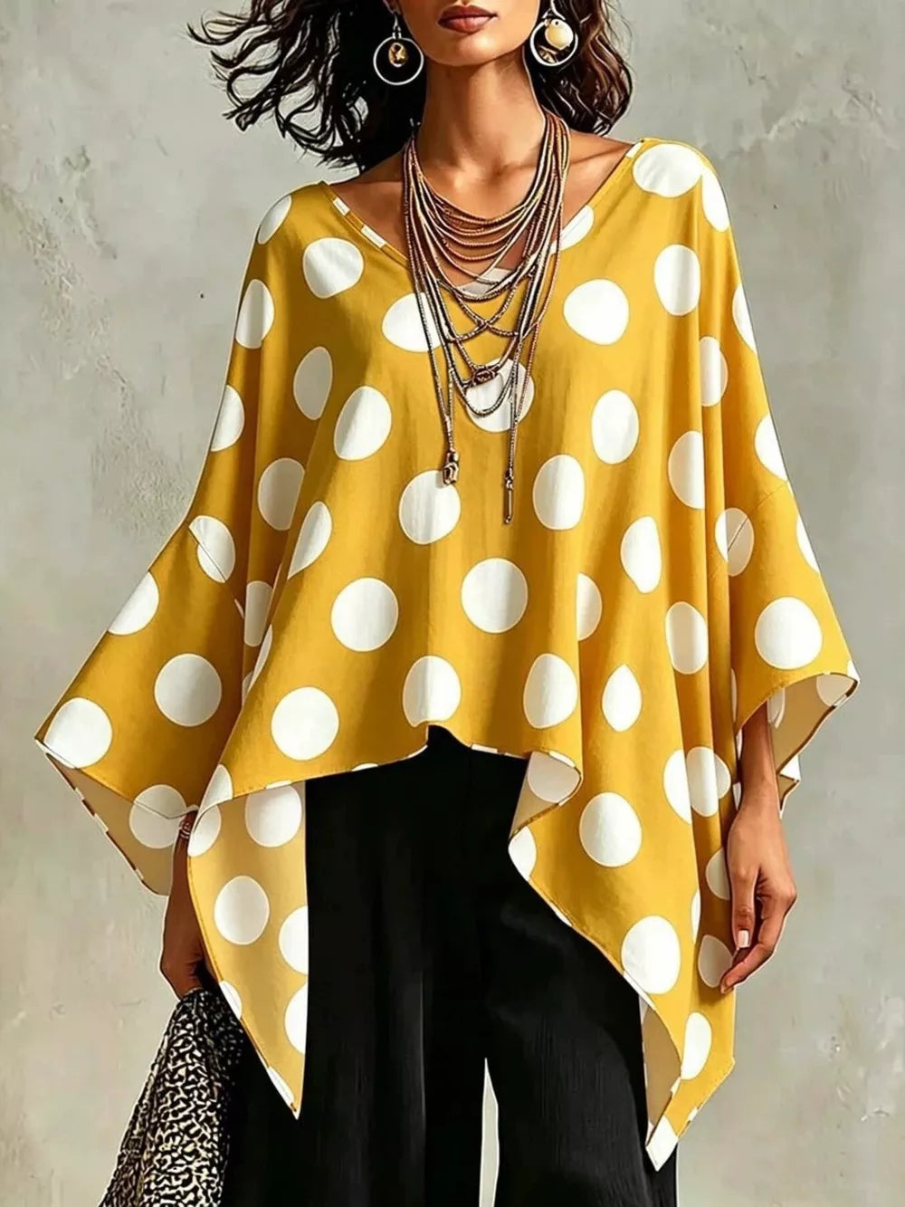 Polka Dot Asymmetrical Hem Blouse, model styling view