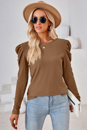 Textured puff-sleeve crew neck top in mocha with diamond pattern