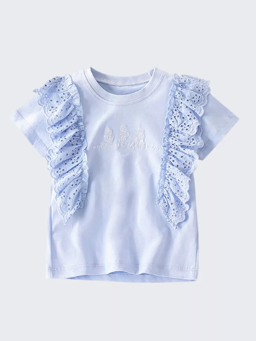 Light blue cotton t-shirt with ruffled eyelet sleeves and embroidered detail.
