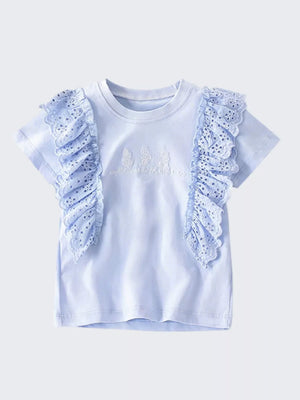 Light blue cotton t-shirt with ruffled eyelet sleeves and embroidered detail.
