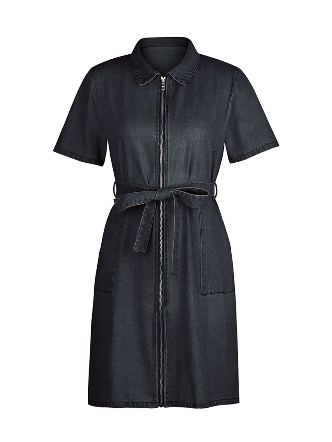 Dark gray belted denim shirtdress with short sleeves and a zip front.