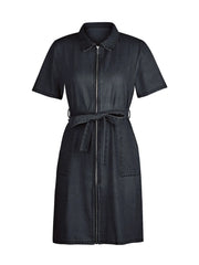 Dark gray belted denim shirtdress with short sleeves and a zip front.
