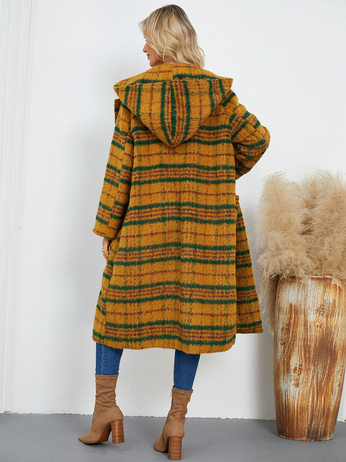 Tartan toggle hooded coat in mustard with green stripes, featuring a relaxed fit and hood.