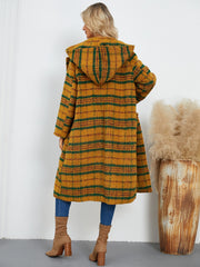 Tartan toggle hooded coat in mustard with green stripes, featuring a relaxed fit and hood.