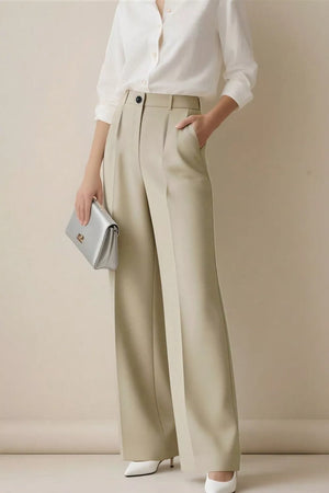 Beige high-waisted wide-leg trousers with a single button closure and front pleats.