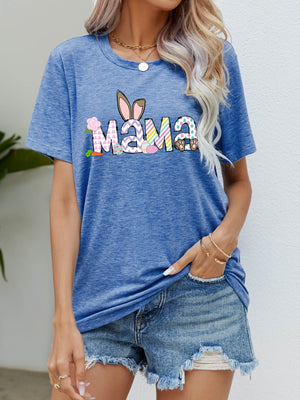 Cobalt blue graphic tee with Easter bunny ears and "Mama" text, short sleeves, crew neck.