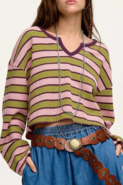Cropped waffle knit top with pink and green stripes and a V-neck.