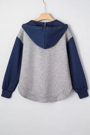 Color Block V Neck Drawstring Hoodie in Gray, fabric detail