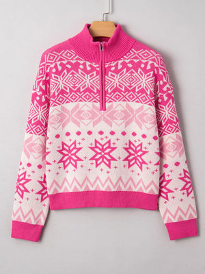 Festive Fair Isle quarter zip knit top in pink and white with snowflake pattern.