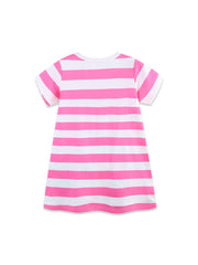 Toddler pink and white striped cotton t-shirt dress with short sleeves and round neck.